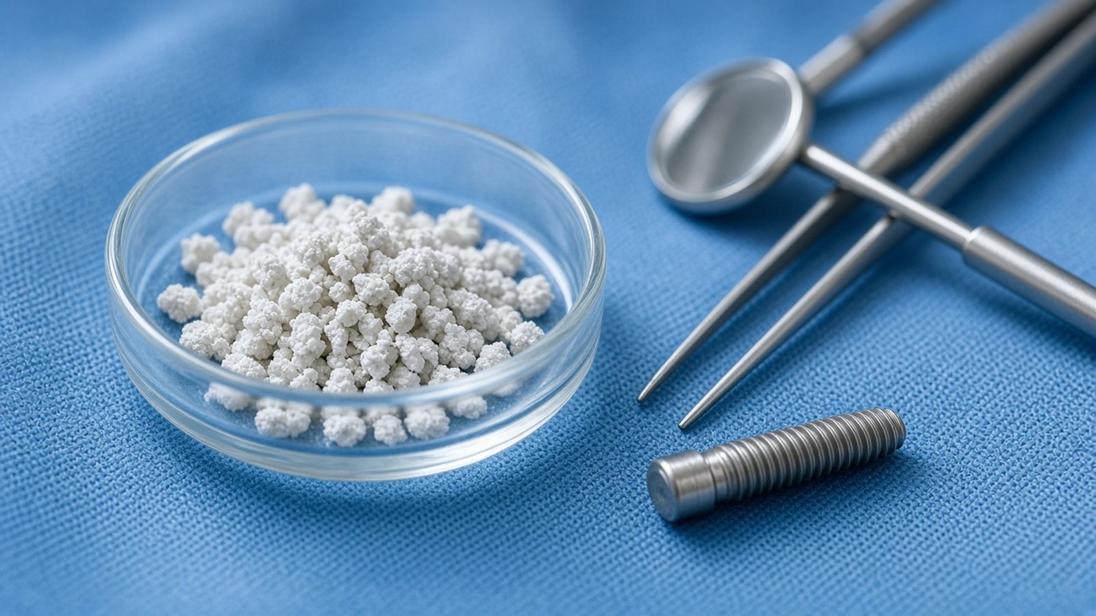 Bone graft granules in a dish beside dental surgical instruments and an implant
