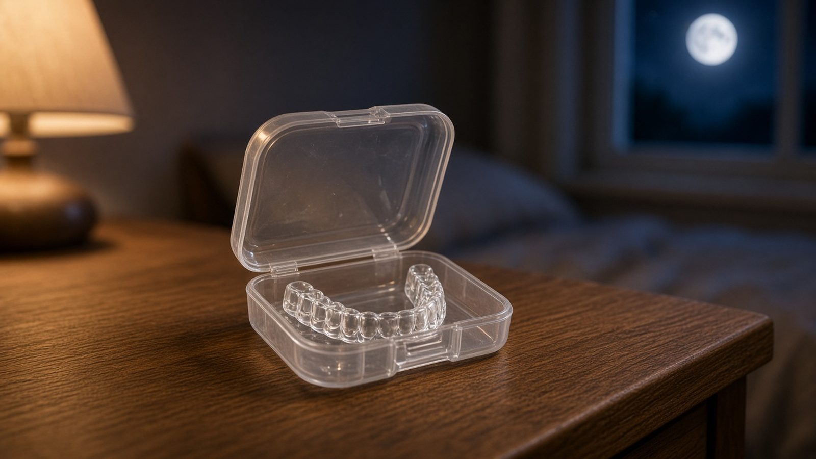 Clear night guard in its case on a nightstand at night