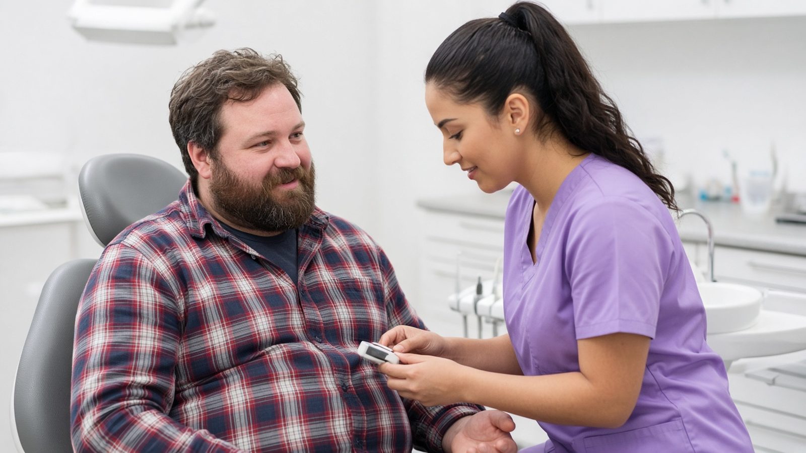 Hygienist checking a patient's vitals in a dental chair before implant treatment