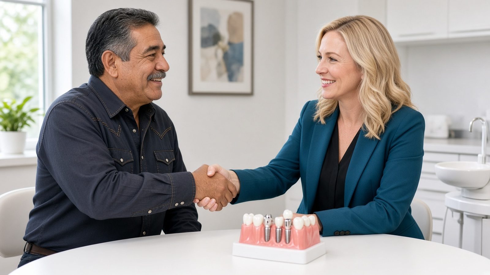 Patient shaking hands with a treatment coordinator beside an implant model