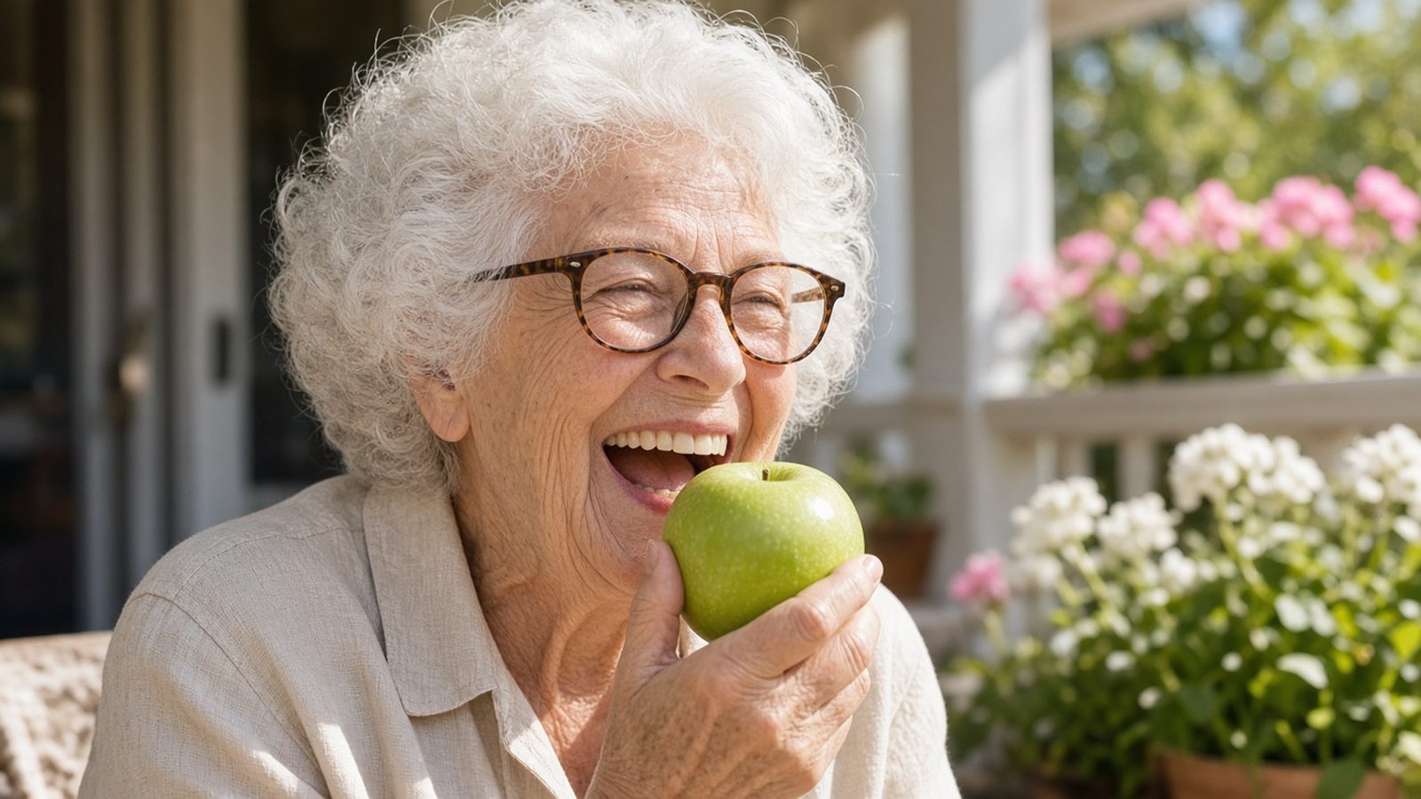 Older woman laughing as she bites into a green apple on a sunny porch