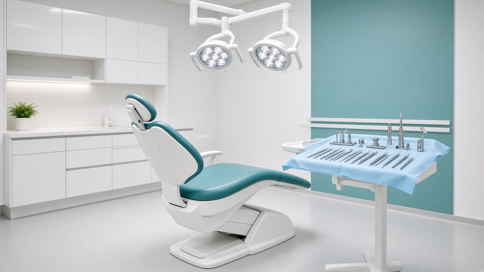 Empty oral surgery suite with a surgical chair, lights and a sterile implant instrument tray
