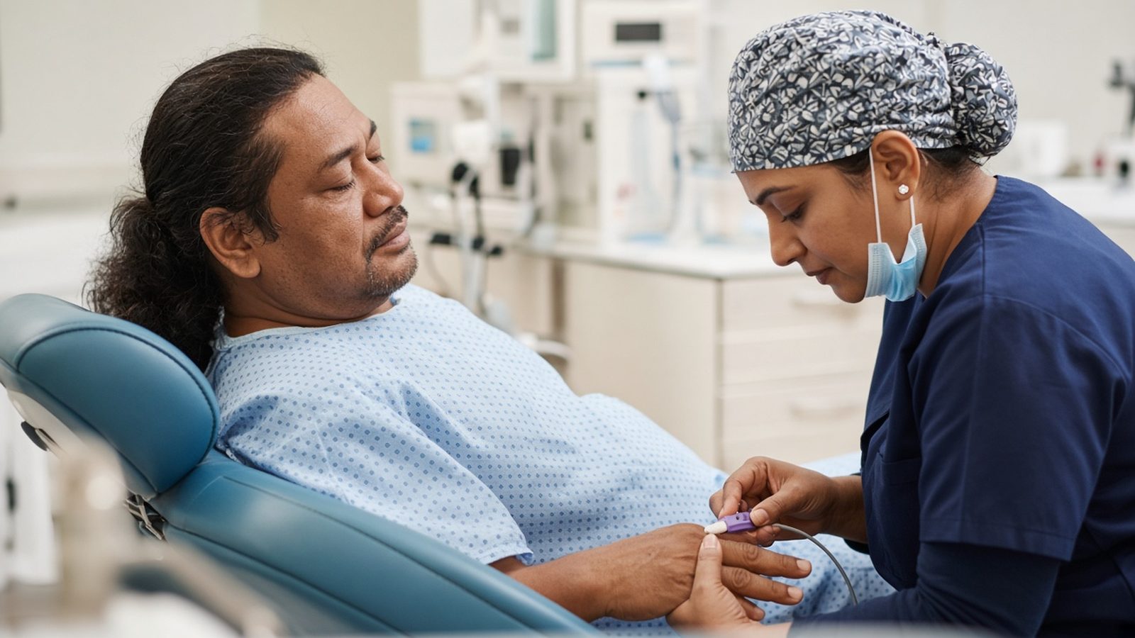 Anesthesiologist placing a pulse oximeter on a patient in a surgical dental chair
