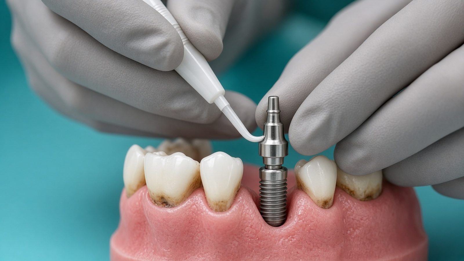 Hygienist cleaning around a dental implant abutment with a plastic scaler on a model